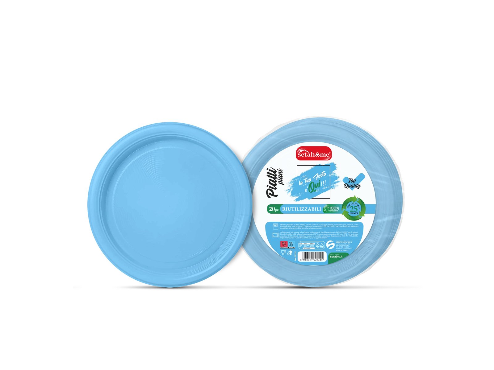 Piatti in plastica azzurra e confezione di stoviglie monouso
